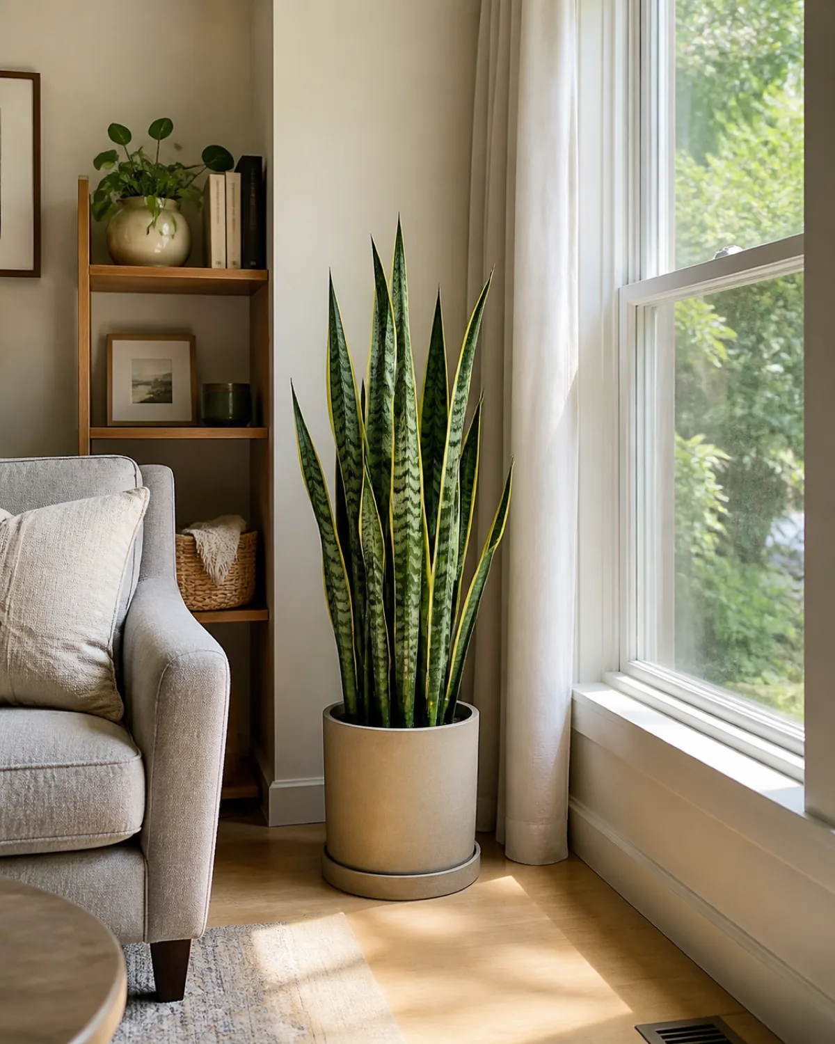 A snake plant standing a few feet from a window in soft indirect daylight in a real living room