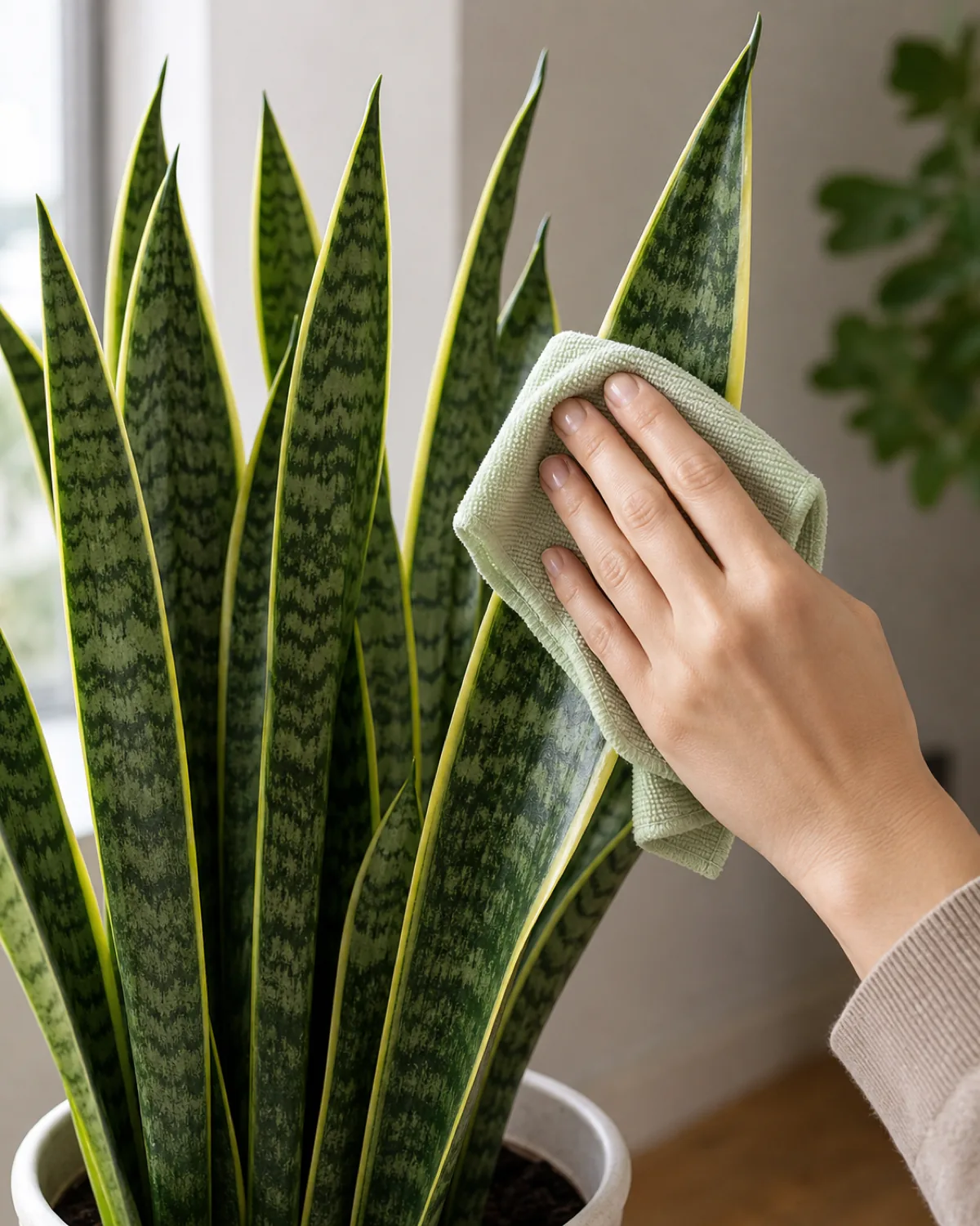 A hand gently wiping a snake plant leaf clean with a soft cloth