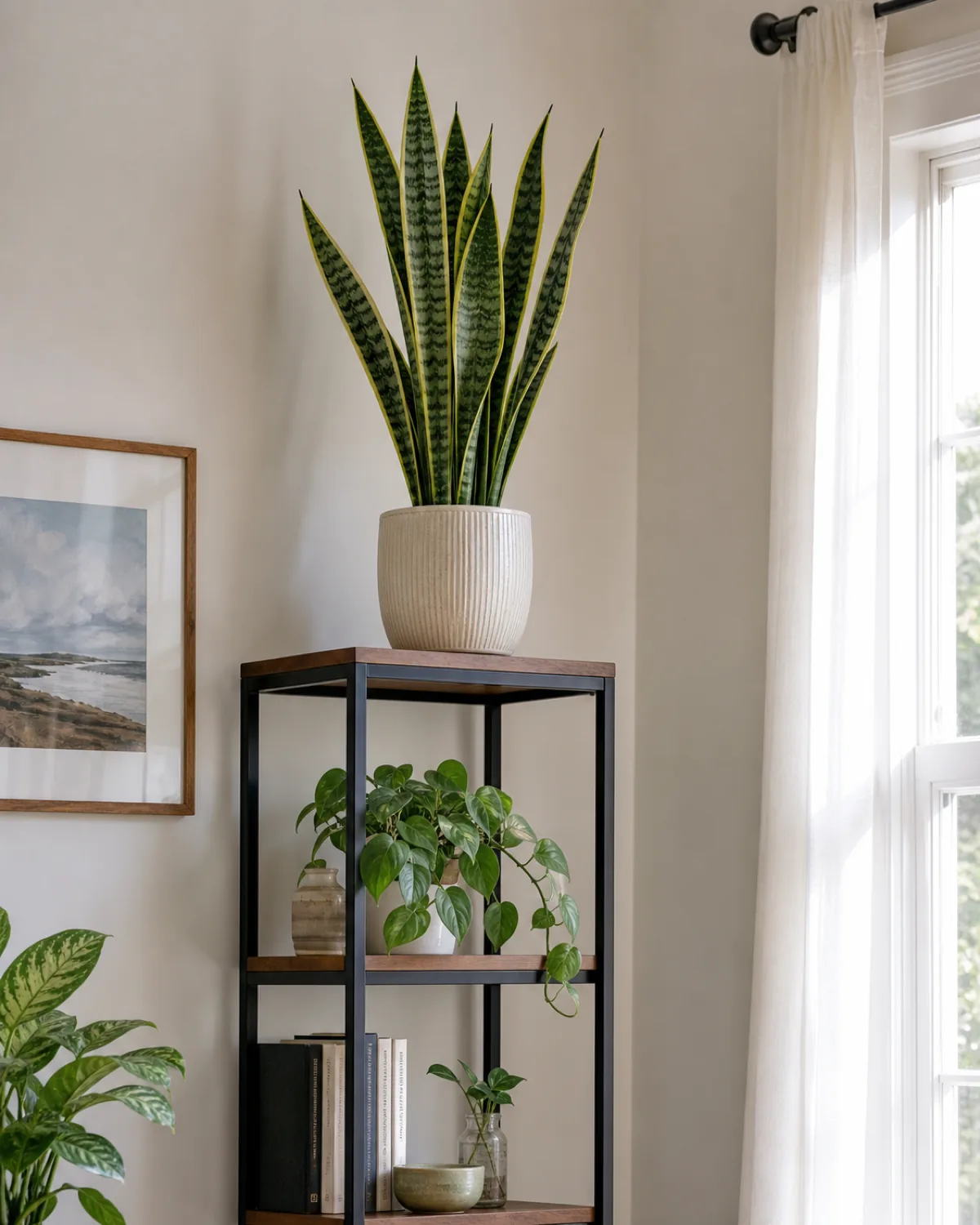 A snake plant placed up high on a plant stand, out of reach of pets, in a bright room