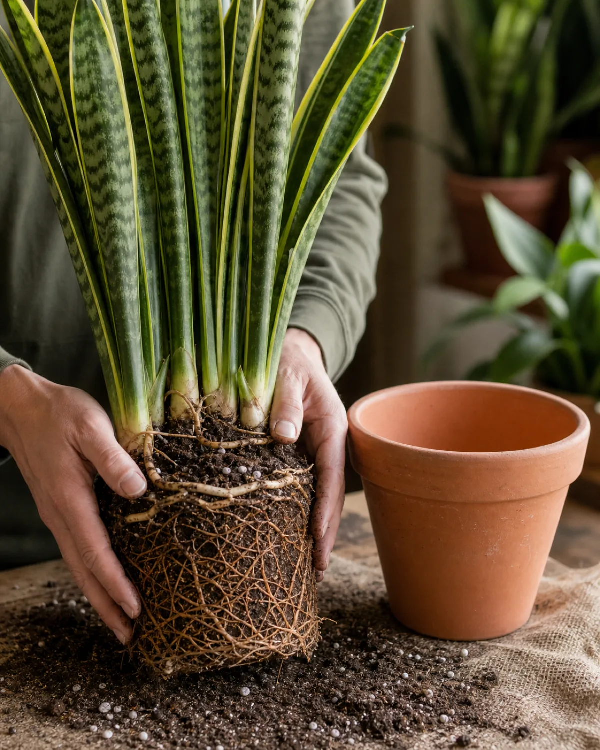 A root-bound snake plant lifted from its pot showing rhizomes and a dense root ball