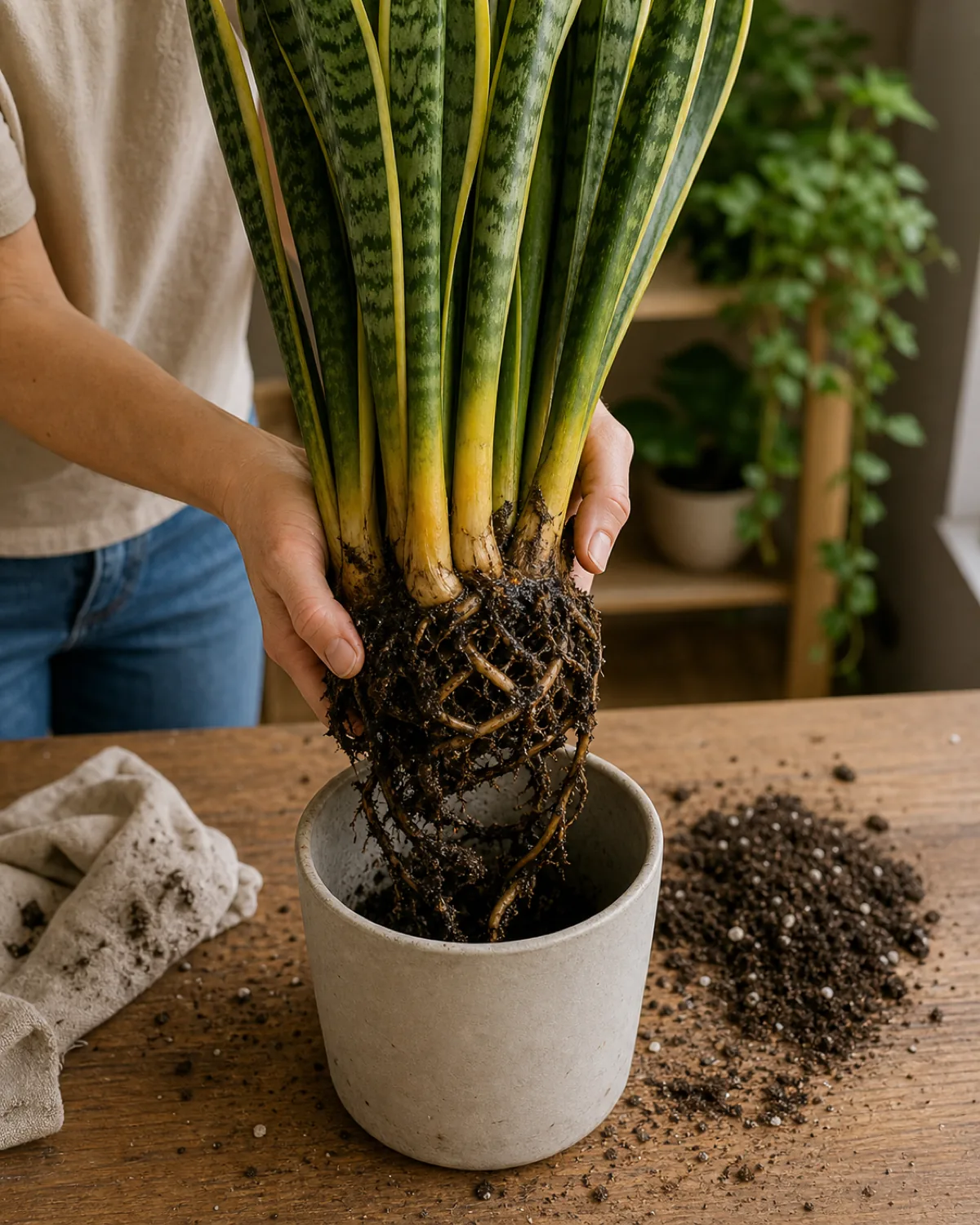 A snake plant with a soft, mushy, yellowing leaf base being inspected, a sign of root rot