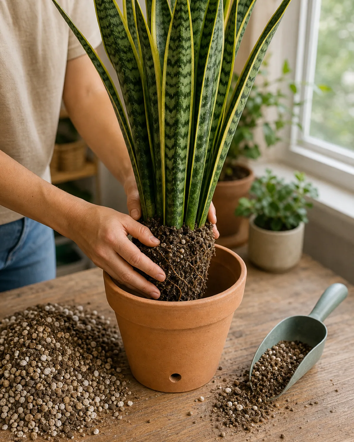 A snake plant being potted into a gritty fast-draining mix in a terracotta pot with a drainage hole