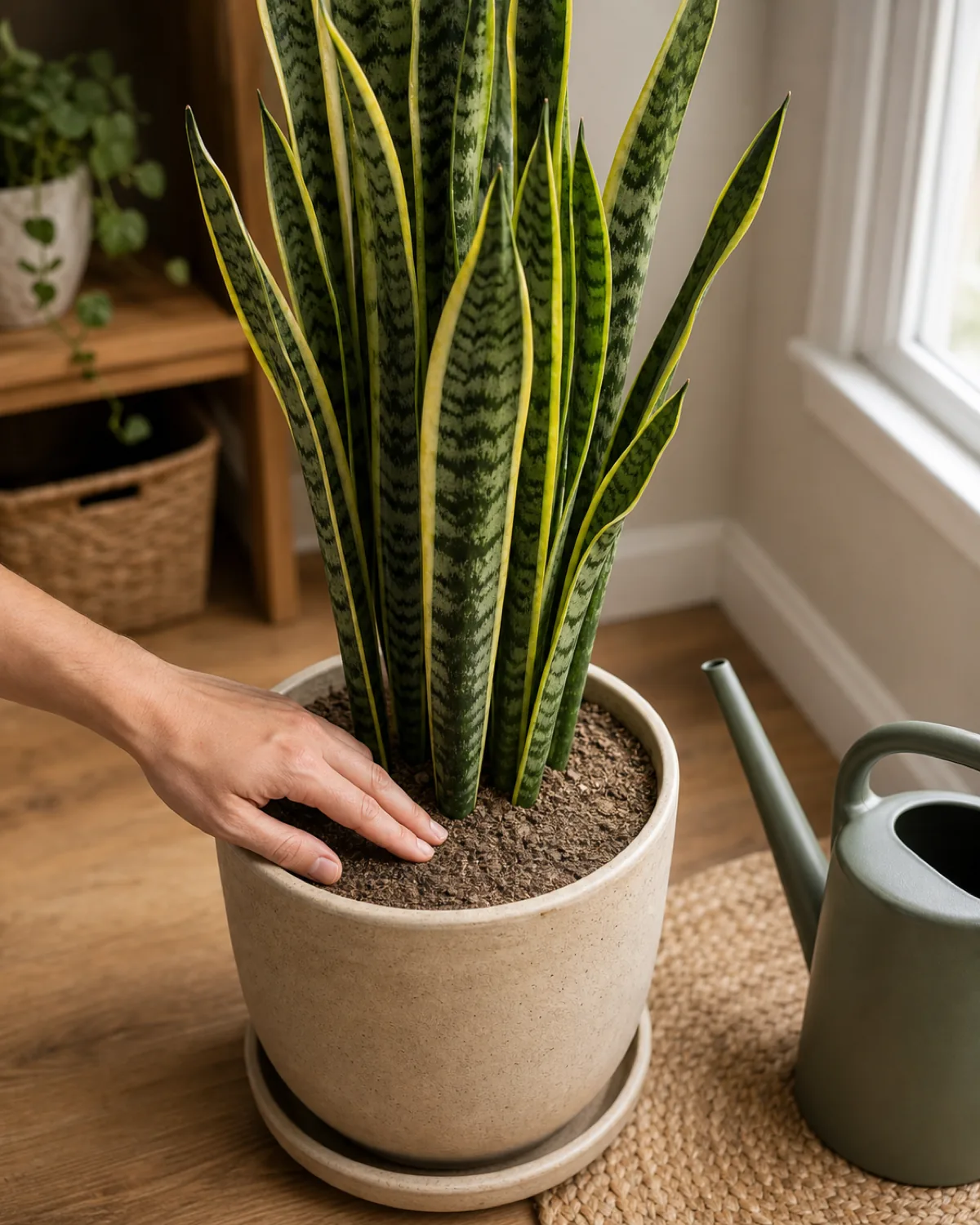A hand checking that the soil of a potted snake plant is bone dry, a watering can nearby