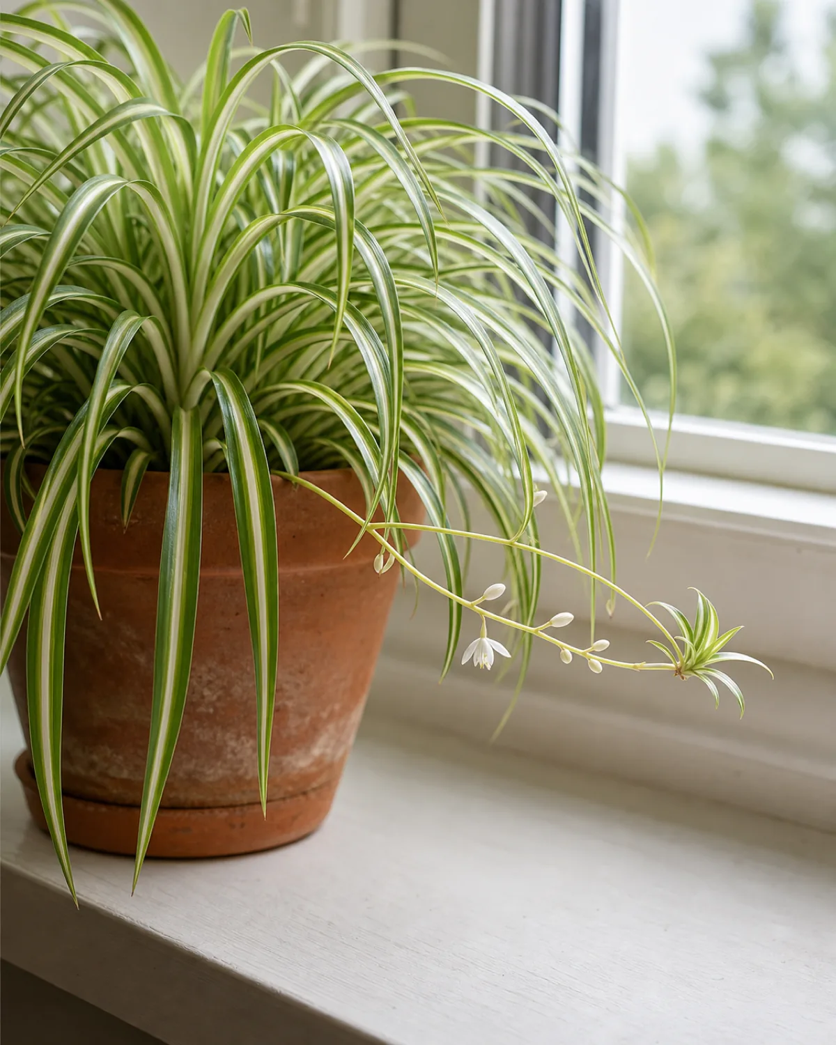 A mature variegated spider plant in a tight terracotta pot on a sunny windowsill with a single wiry pale-green flower stolon arching out horizontally carrying tiny white star buds and a small forming baby plantlet at the tip