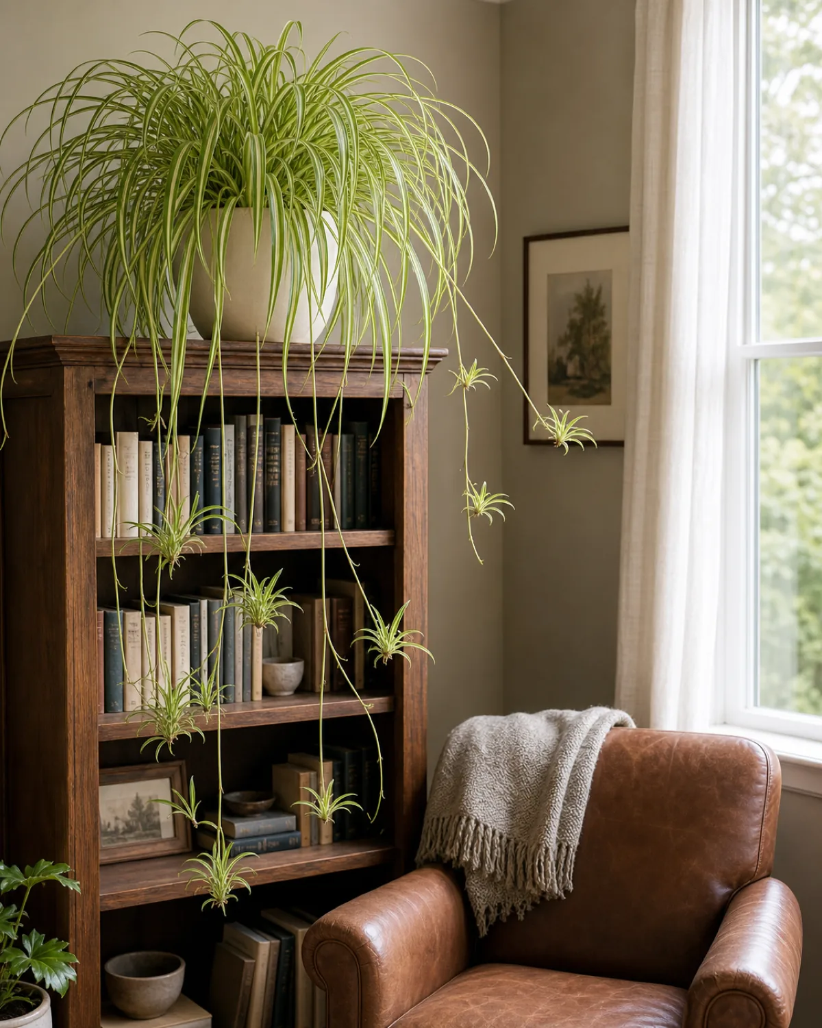 A lush mature variegated spider plant in a cream ceramic pot on top of a tall wood bookcase in a real calm living room with arching cream-and-green striped leaves cascading down past the books and several baby plantlets dangling on stolons in mid-air