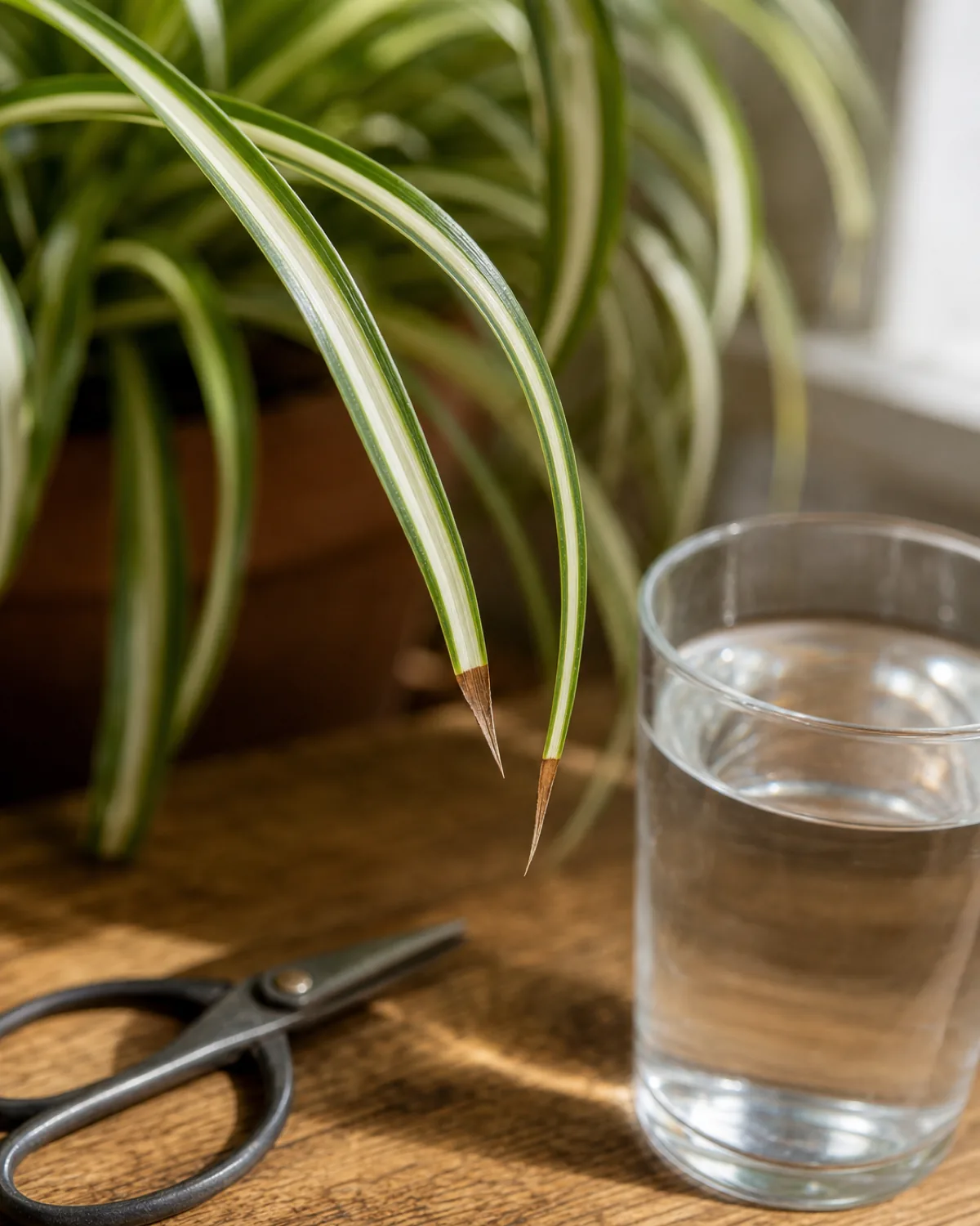 Tight closeup of two arching variegated spider plant leaves with thin papery brown tips beside a clear glass of plain filtered water and a small pair of pruning scissors on a wood surface