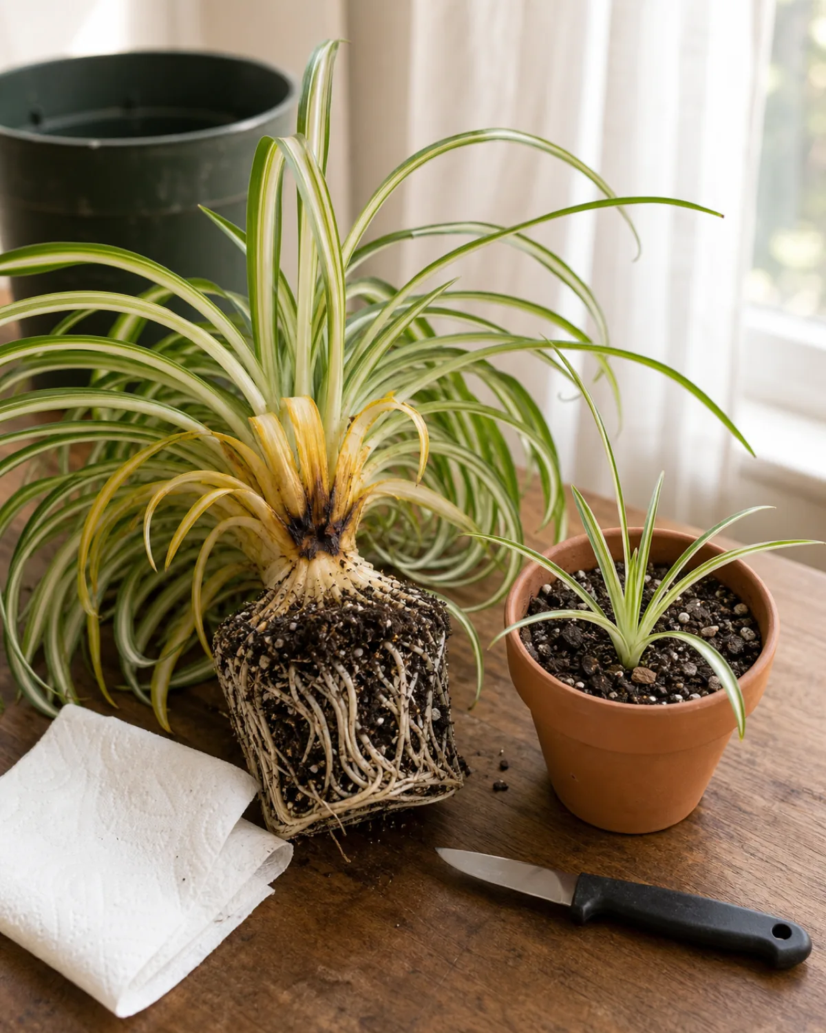 A spider plant rescue scene on a wood table with a parent plant lifted out of its old plastic pot showing the central crown clearly yellowing and the base mushy darker brown beside a small healthy detached spider plant pup with white root nubs already rooted in a small terracotta pot of fresh dry chunky soil mix