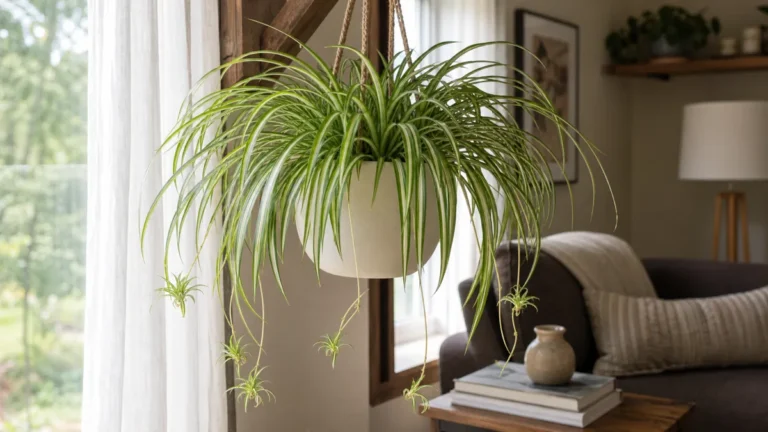 A healthy mature variegated spider plant in a cream ceramic hanging pot beside a sunlit window with long arching cream-and-green striped leaves cascading and arching stolons carrying baby plantlets dangling in mid-air