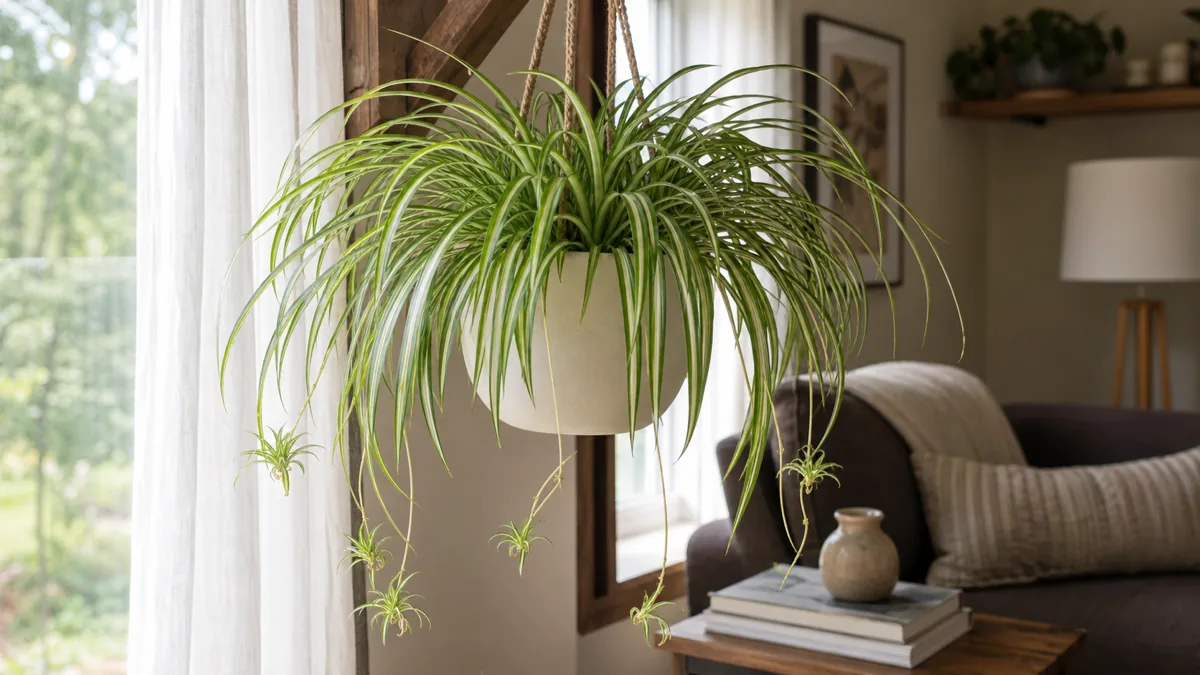 A healthy mature variegated spider plant in a cream ceramic hanging pot beside a sunlit window with long arching cream-and-green striped leaves cascading and arching stolons carrying baby plantlets dangling in mid-air