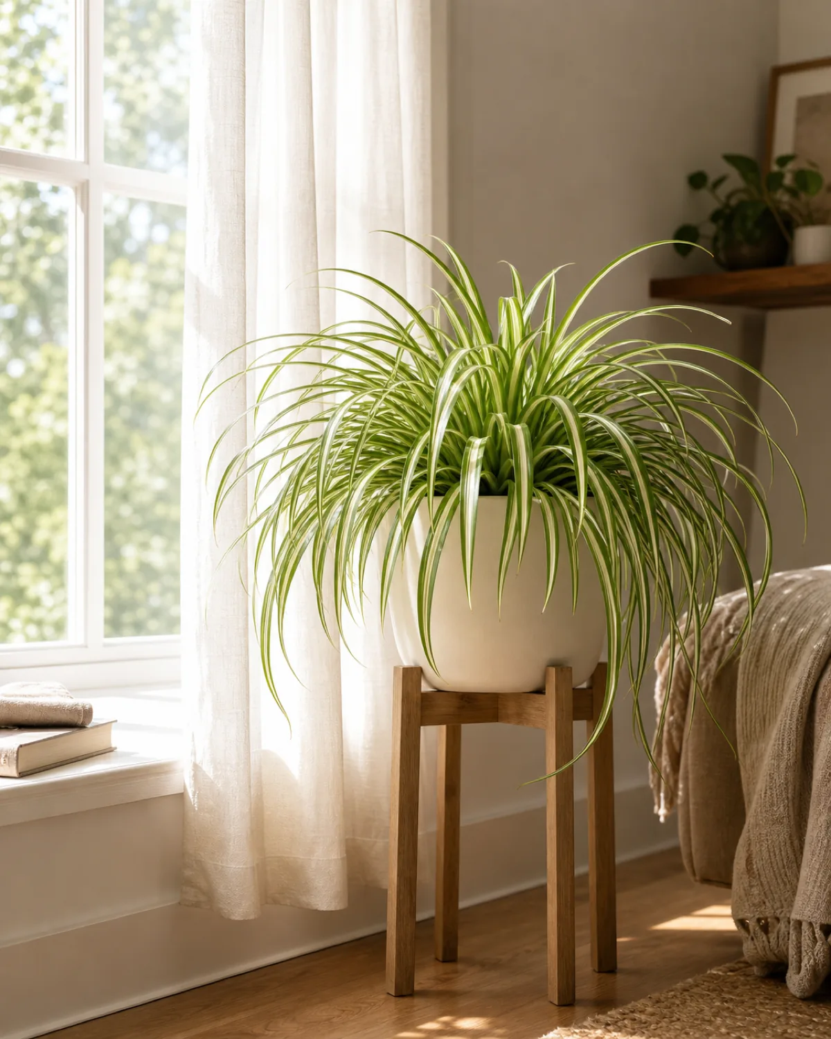 A healthy variegated spider plant in a cream ceramic pot on a small wood plant stand beside a bright east-facing window with morning daylight catching the crisp cream-and-green striped leaves through a sheer linen curtain
