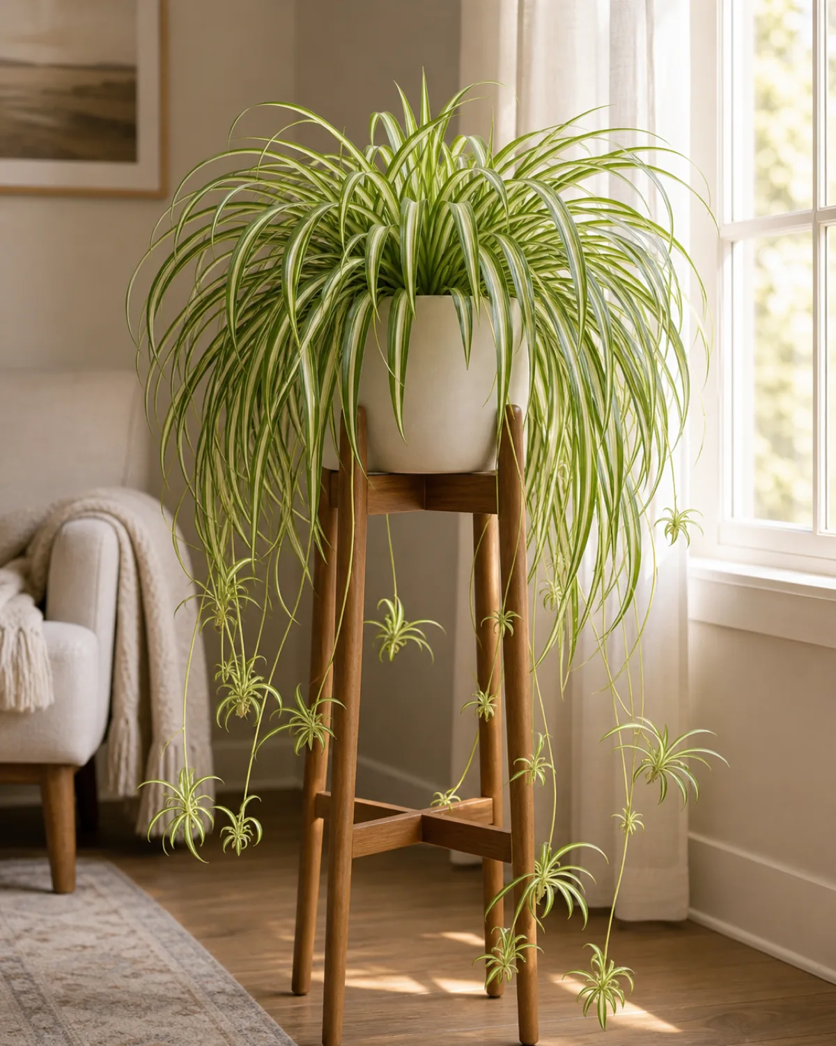 A thriving lush mature variegated spider plant in a cream ceramic pot on a tall slim wood plant stand in a sunlit calm living room corner with long cream-and-green striped leaves cascading downward and arching stolons with several baby plantlets dangling in mid-air