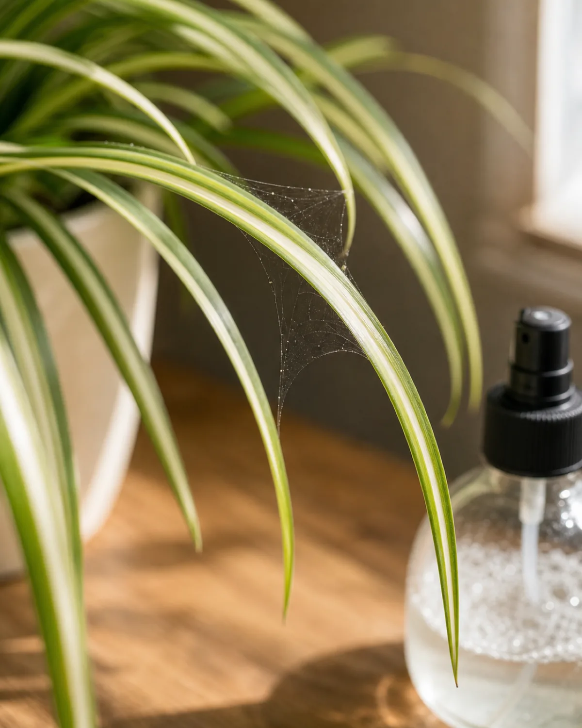 Tight closeup of two arching variegated spider plant leaves with very fine pale spider mite webbing visible between them where the leaves cross beside a small clear glass spray bottle of diluted soapy water on a wood surface