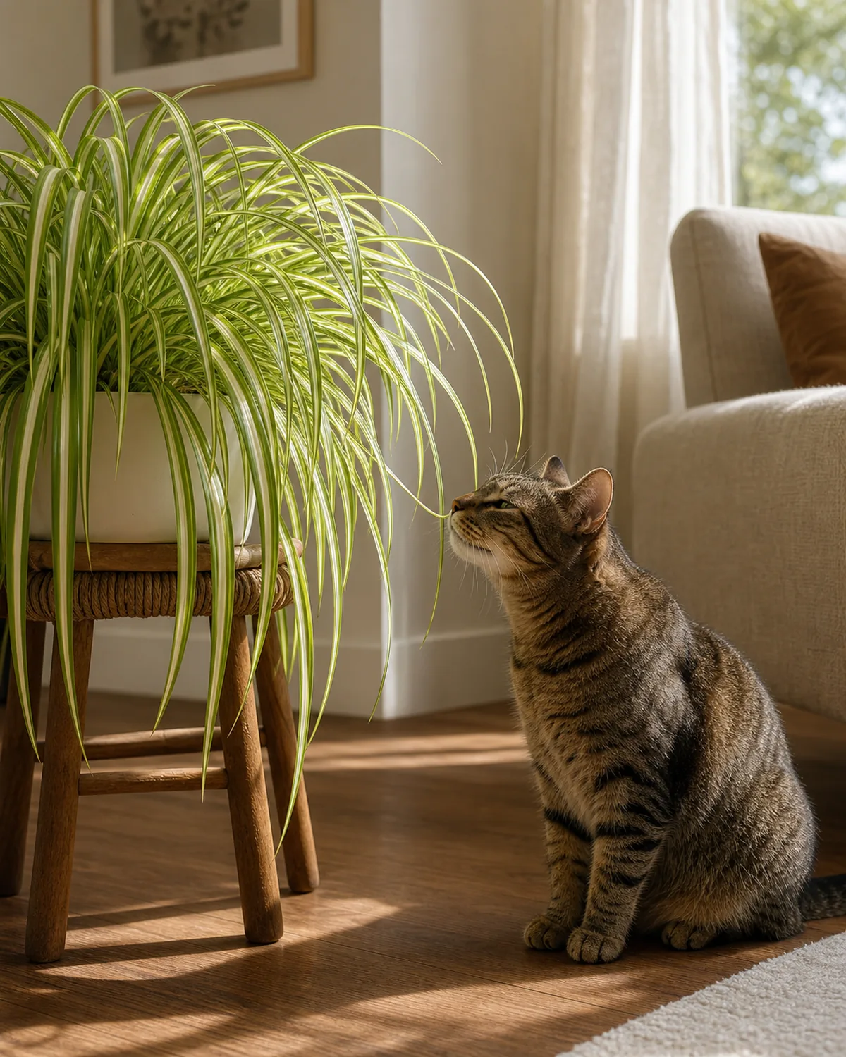 A calm domestic scene of a curious tabby cat on a wood floor sniffing the dangling tip of an arching striped spider plant leaf cascading from a low plant stand in a sunny living room corner