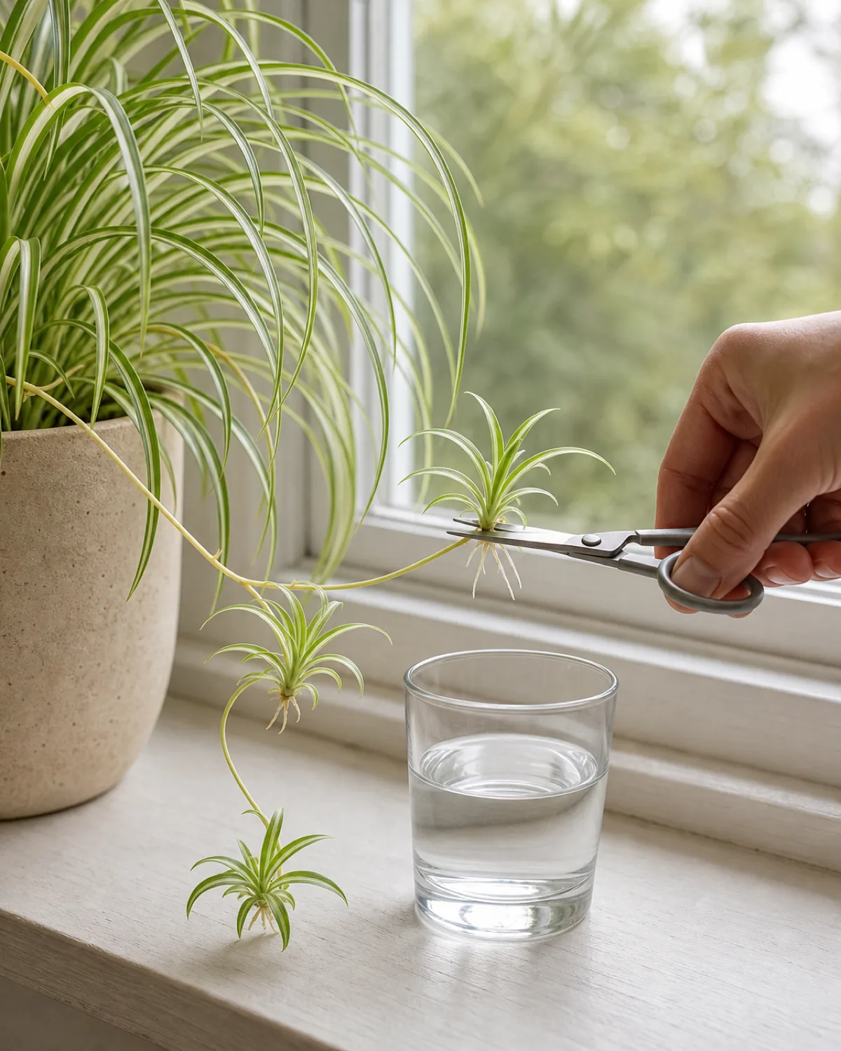 A hand holding a pair of clean scissors snipping a small spider plant pup with visible white root nubs free from a wiry arching parent stolon beside a small clear glass of plain water ready for water propagation on a sunny windowsill