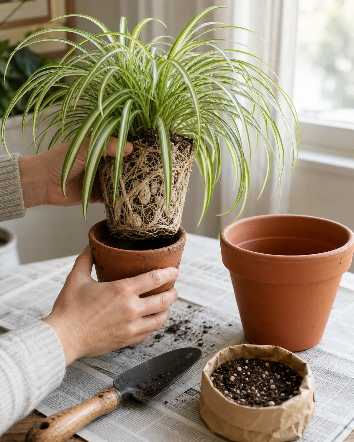 A pair of hands lifting a tightly root-bound variegated spider plant out of a slightly small terracotta pot on a wood table covered with newspaper showing a dense rootball of white tuberous roots wrapped around the inside of the pot shape