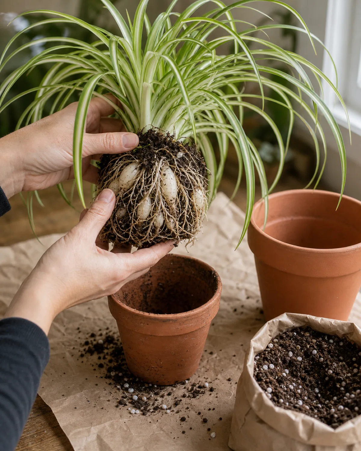 A pair of hands lifting a variegated spider plant out of a small terracotta pot on a wood table revealing a dense tangle of thick fleshy white tuberous roots beside a bag of chunky houseplant soil mix with visible perlite