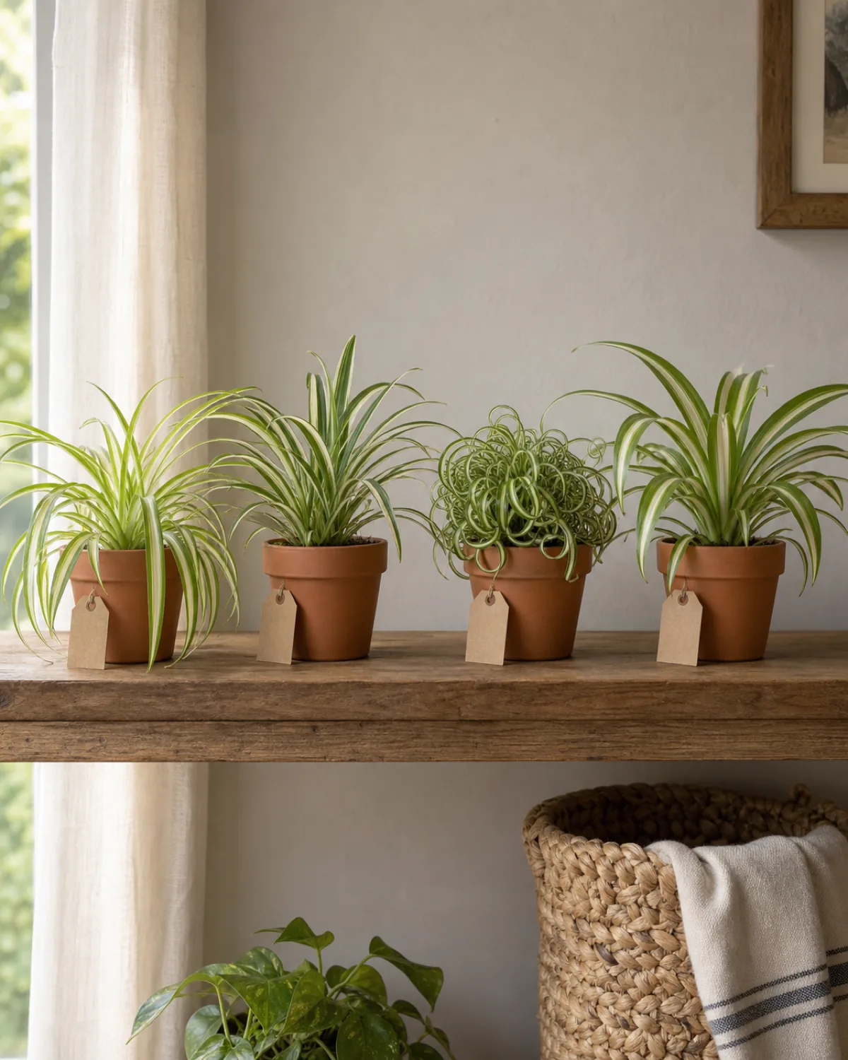 Four small potted spider plant varieties side by side on a long wood shelf showing the classic cream-center Vittatum, the green-center cream-edge Variegatum, the visibly curly compact Bonnie, and the broader-striped Hawaiian