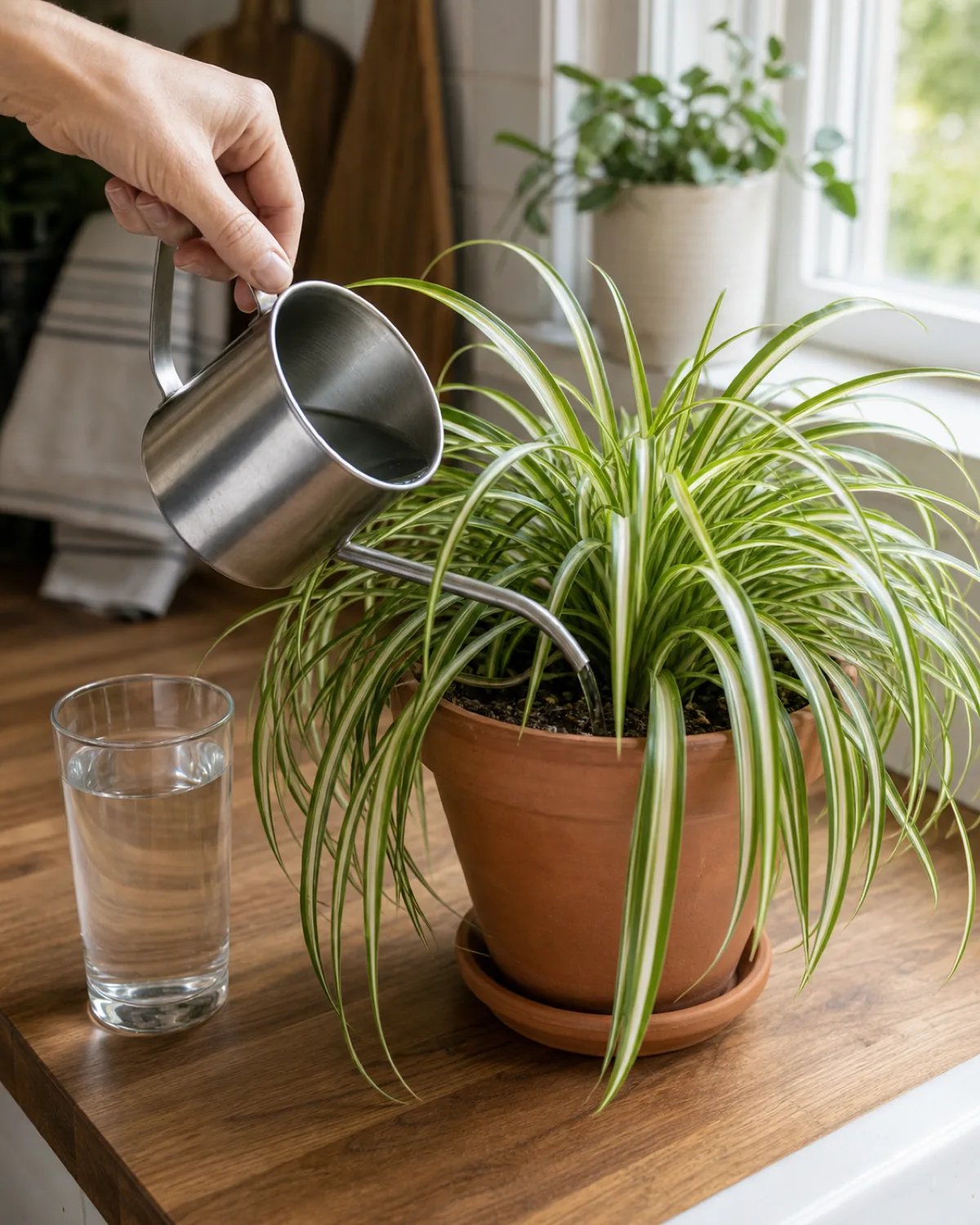 A hand pouring water from a small metal watering can into the soil of a potted variegated spider plant on a wood kitchen counter beside a tall clear glass of plain still water