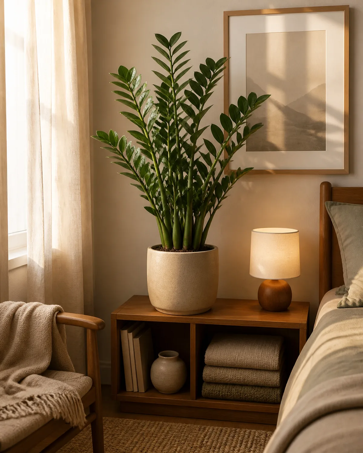 A potted ZZ plant styled on a low wood shelf in a calm bedroom corner with a soft throw and a small lamp beside it, glossy fronds upright