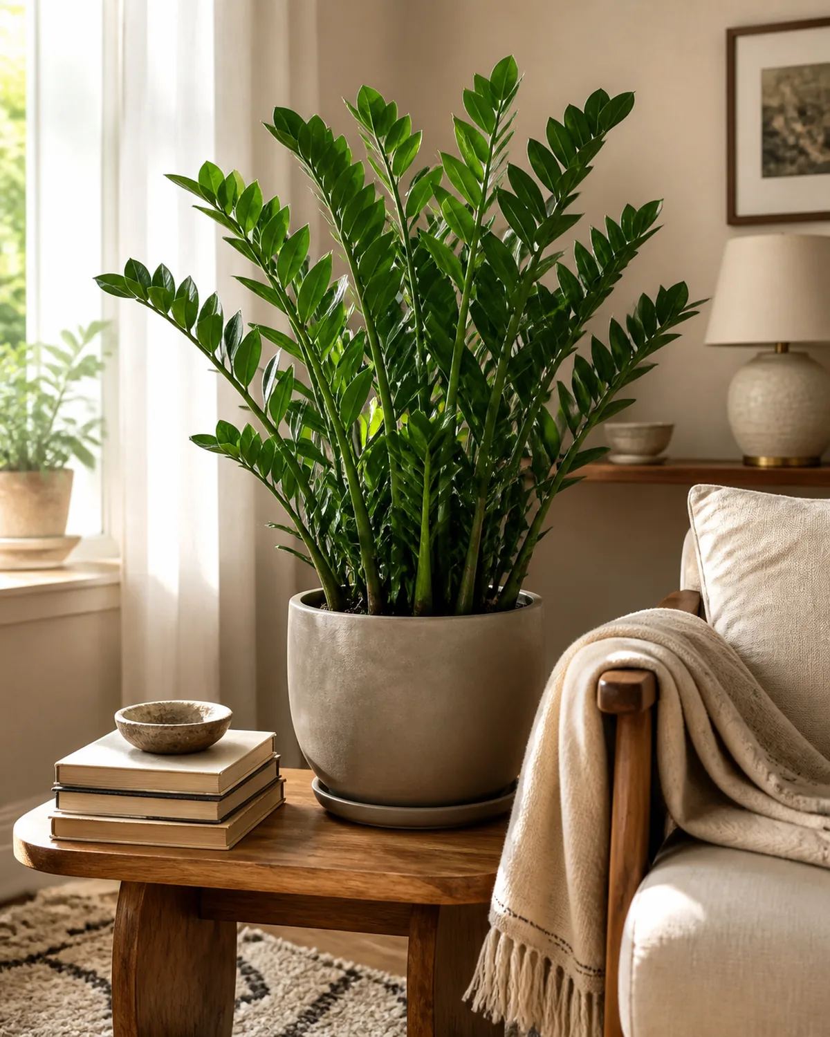 A thriving mature ZZ plant in a styled calm corner of a sunlit real-home room with a low side table, books, and a soft rug, glossy upright fronds catching window light