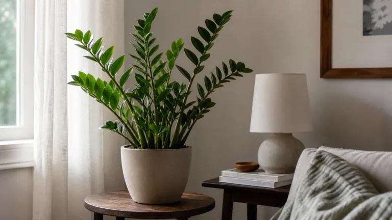 A healthy mature potted ZZ plant with multiple upright glossy waxy pinnate fronds and paired dark green leaflets in a plain matte ceramic pot on a low side table in a bright real-home corner
