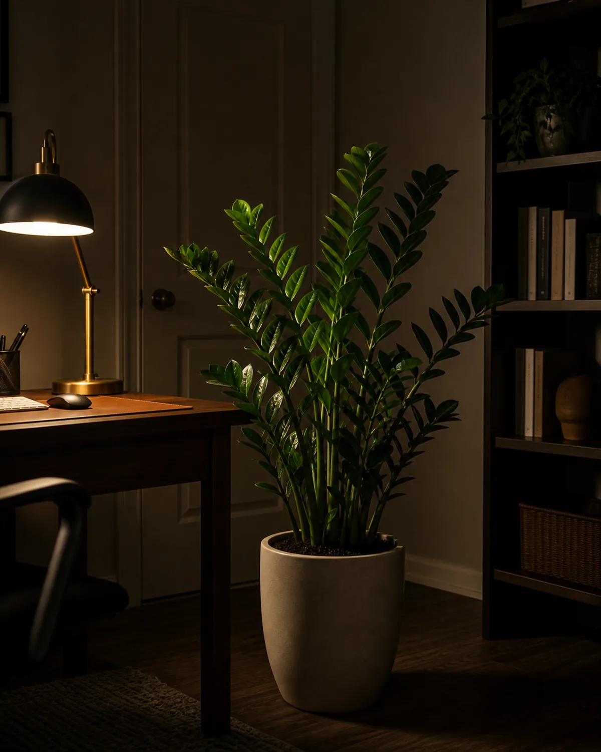 A potted ZZ plant in a dim windowless office corner under a soft desk lamp, glossy waxy pinnate fronds standing upright in low light