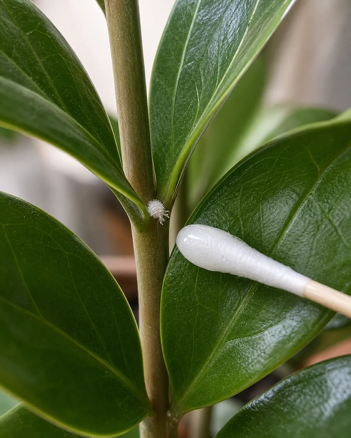A single mealybug on a ZZ leaf joint with a cotton swab beside it