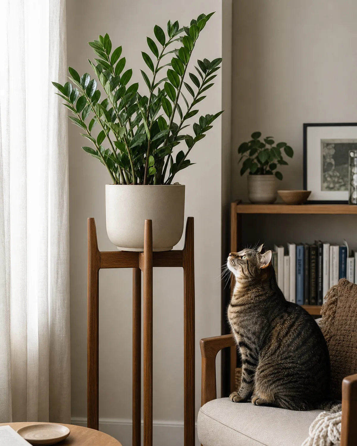 A potted ZZ plant placed on a tall wood plant stand above floor level out of reach of a curious cat sitting on a nearby chair