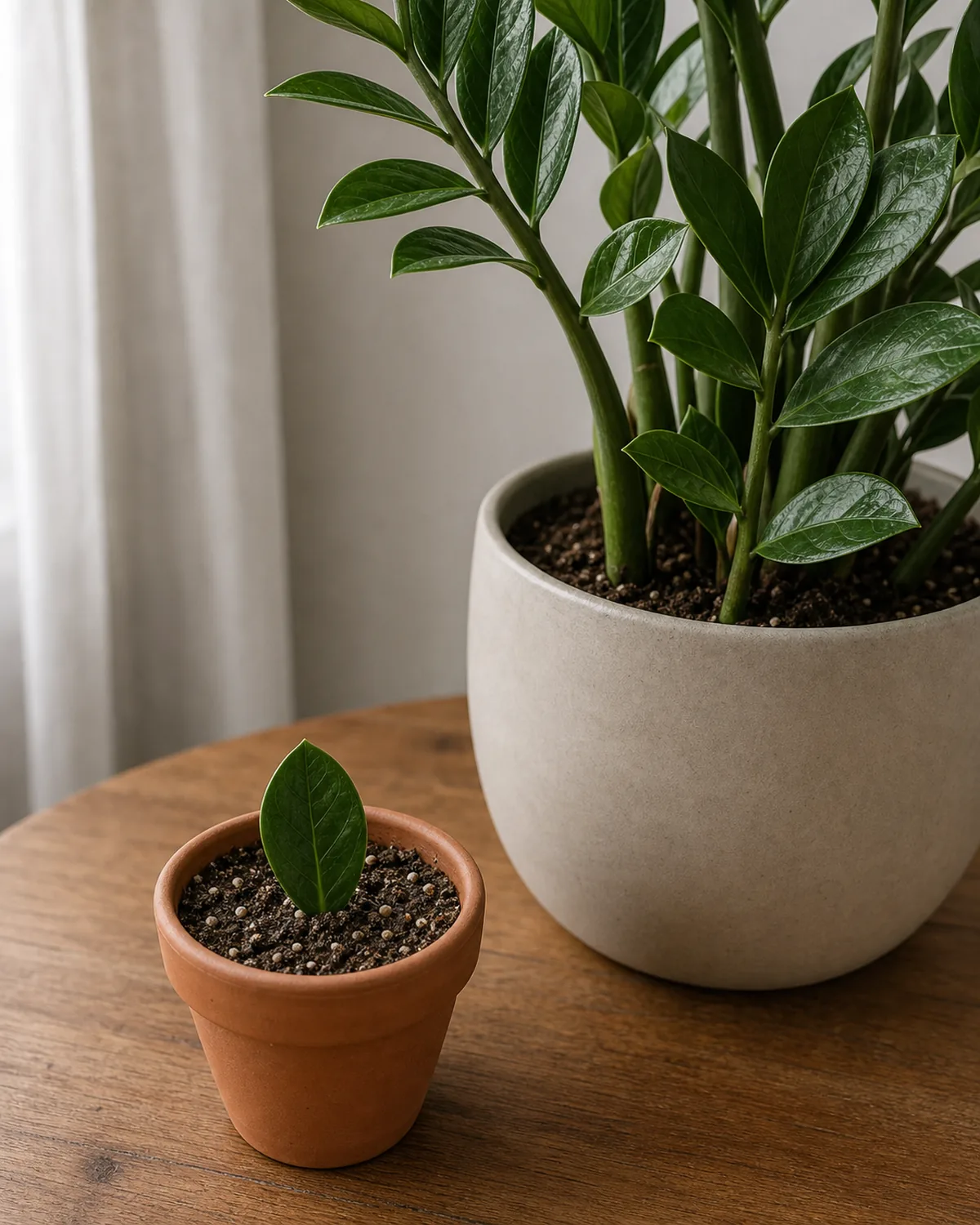 A single ZZ leaflet stuck cut-end-down into dry soil in a small terracotta pot beside the mature parent ZZ plant