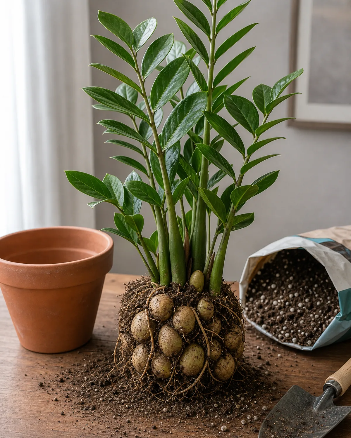 A mature ZZ plant lifted out of its pot with a thick cluster of round green rhizomes visible at the base, beside an empty terracotta pot and a bag of cactus mix