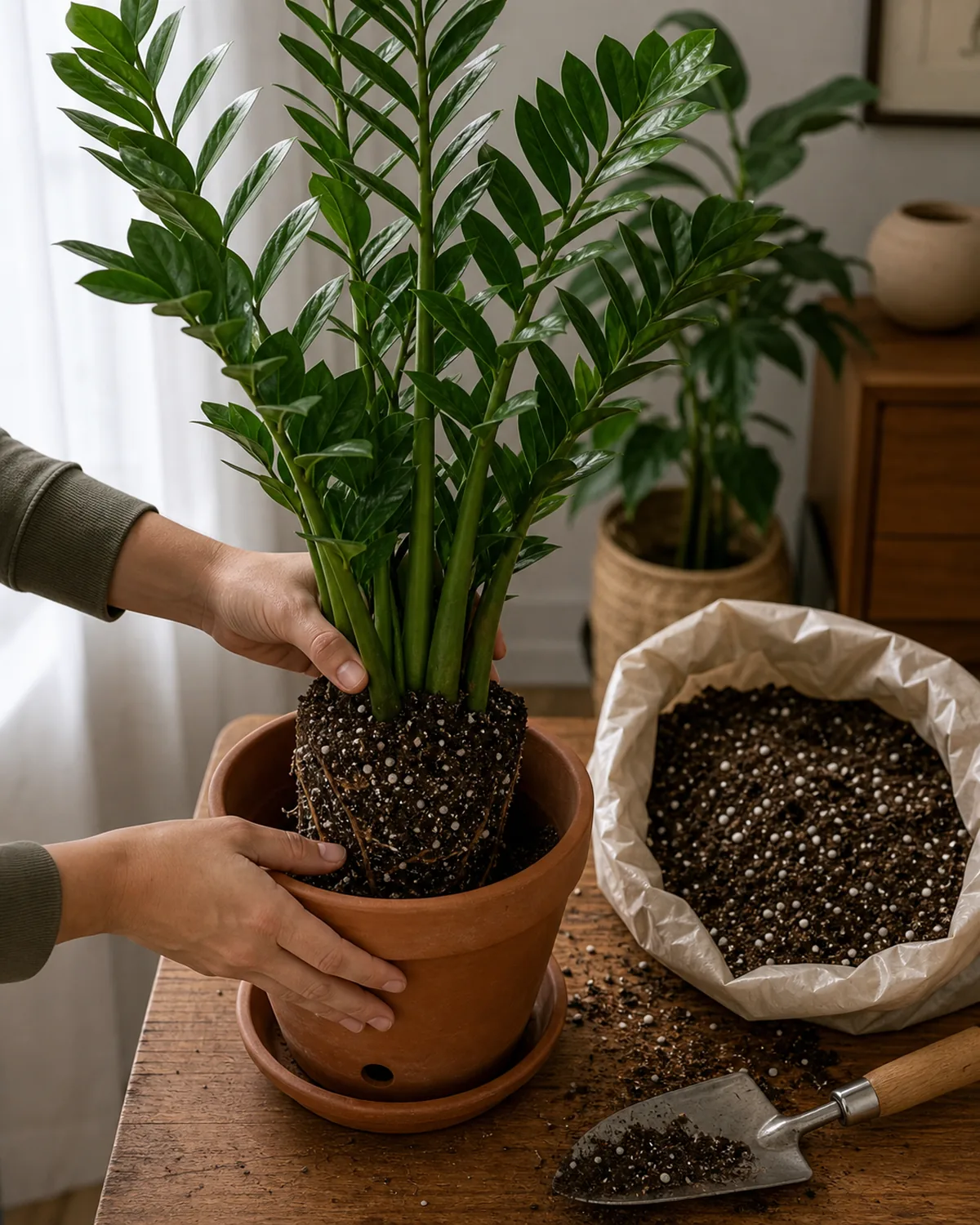 A ZZ plant being potted into a chunky well-draining cactus and aroid mix with perlite in a terracotta pot with a drainage hole
