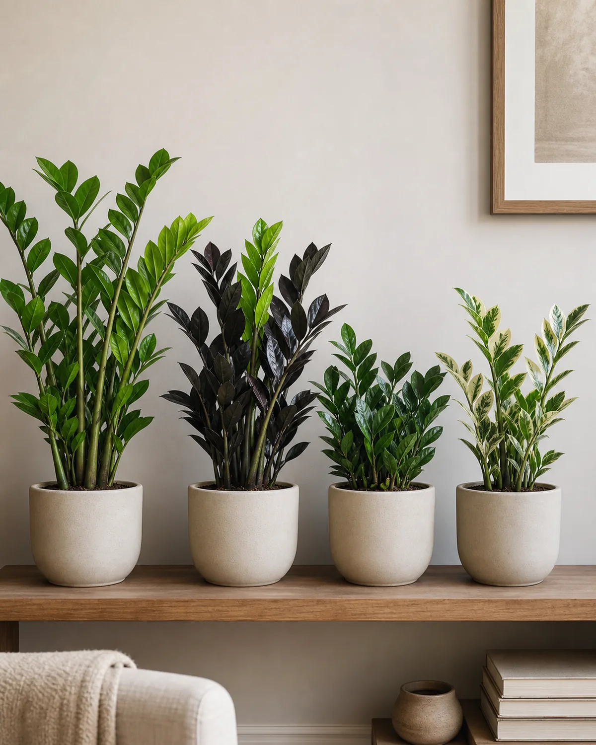 Four ZZ plant varieties side by side on a low shelf: classic green Zamioculcas zamiifolia, dark Raven, compact Zenzi, and a small variegated form