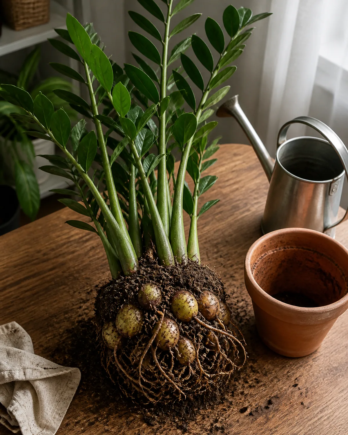 An overhead view of a ZZ plant lifted from its pot showing a cluster of round potato-like underground rhizomes beside a plain watering can