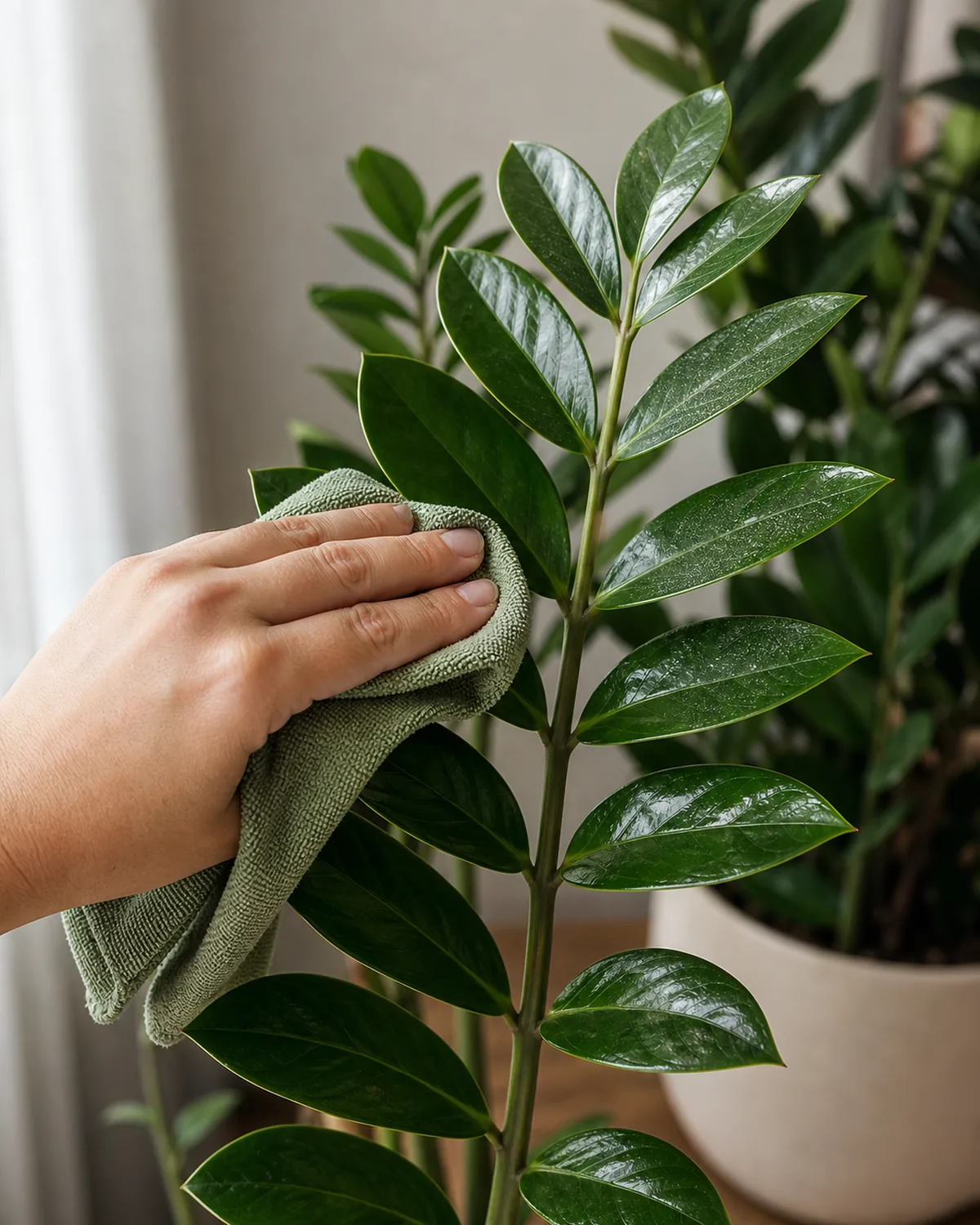 A hand wiping a single glossy ZZ frond with a soft damp cloth showing a streak of dust on the leaflets