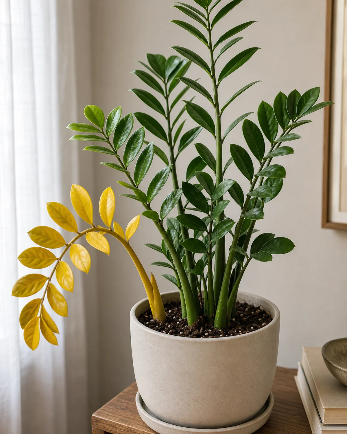 A potted ZZ plant with one entire stem yellowing from the base, the other stems healthy dark green, showing the rhizome-rot diagnostic