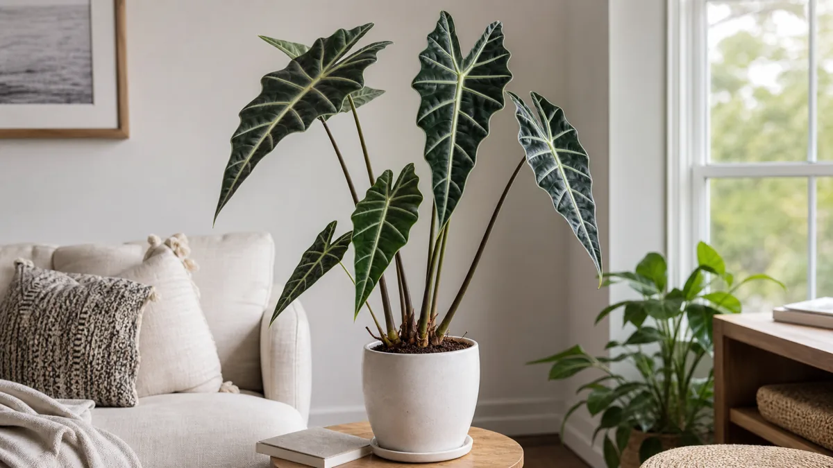 A stunning healthy Alocasia with large upward-pointing arrow-shaped dark green leaves with prominent white veins in a ceramic pot in a bright modern living room