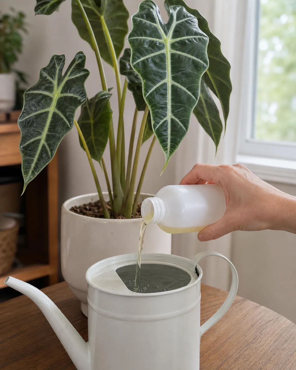 A hand pouring diluted liquid fertilizer from an unbranded bottle into a watering can with an Alocasia in the background