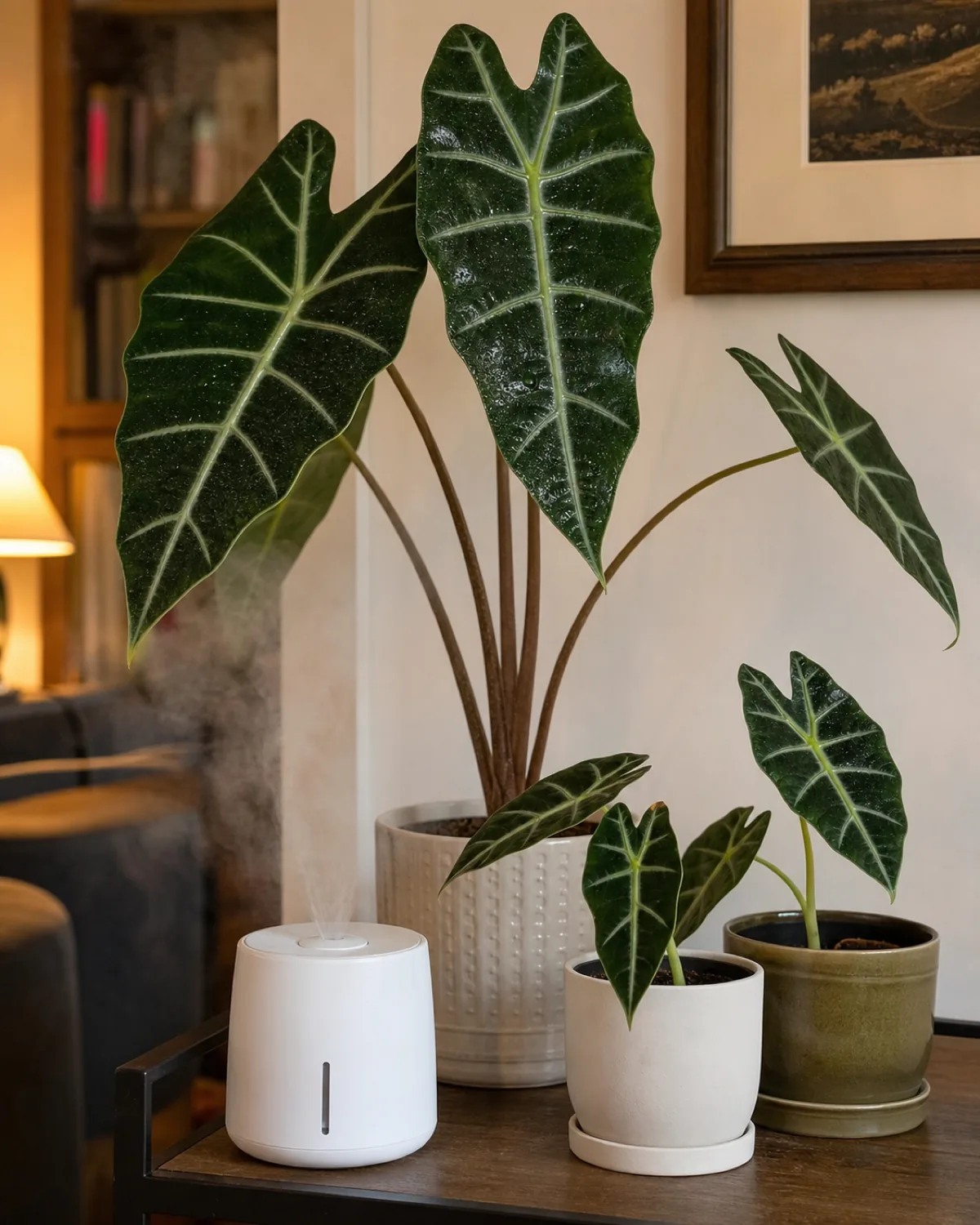 A small humidifier running near an Alocasia with visible mist and tropical plants grouped together