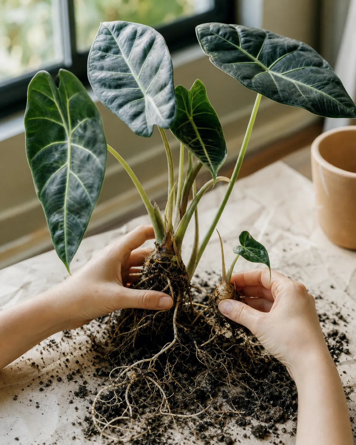 Hands separating a small Alocasia offset corm with one tiny emerging leaf from the base of a larger mother Alocasia during repotting