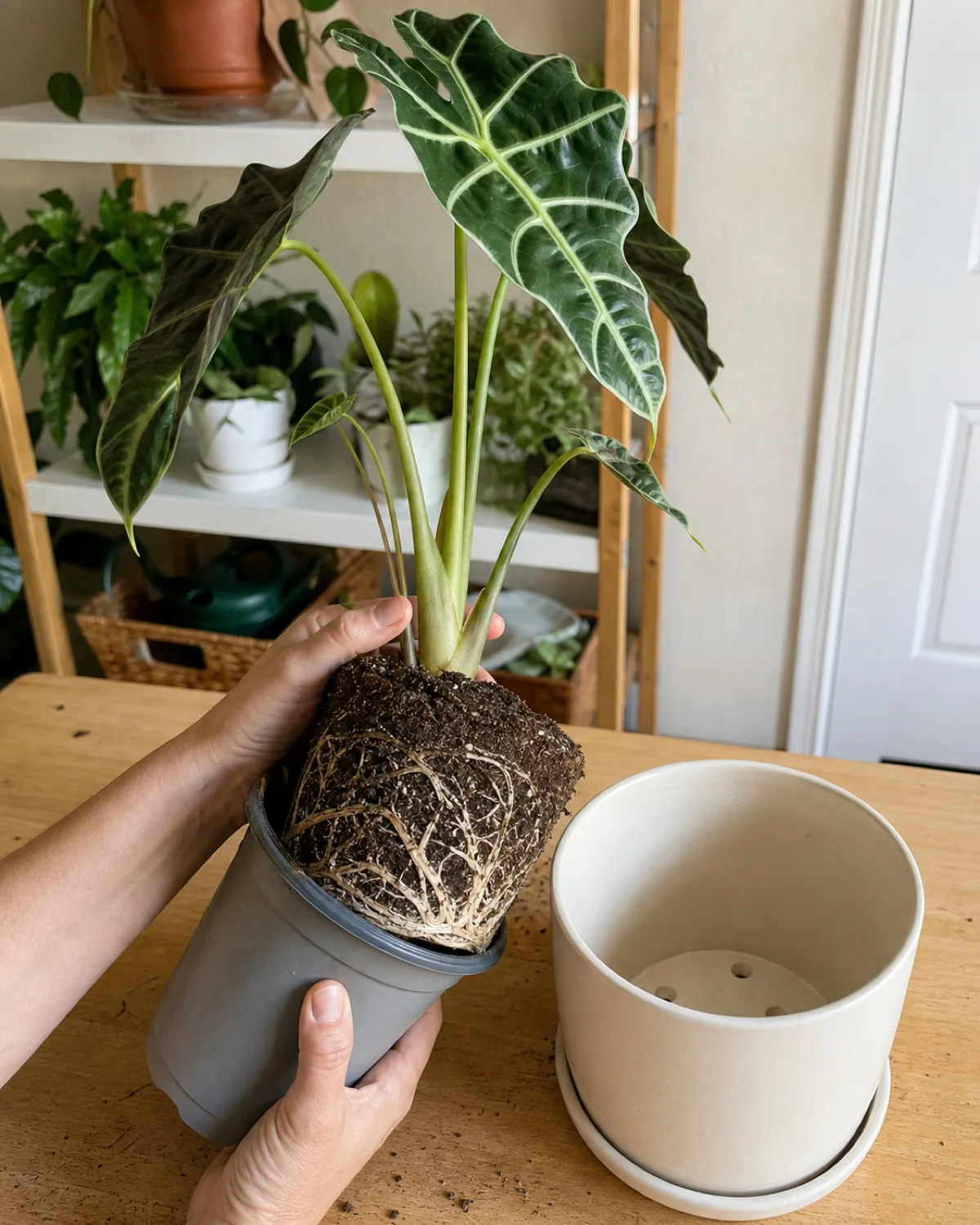 An Alocasia being eased out of its pot showing healthy white roots, with a slightly larger new pot beside it
