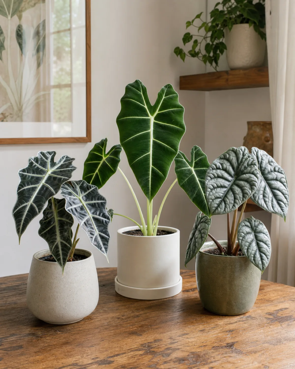 Three different Alocasia varieties side by side — Polly with dark arrow leaves and white veins, Frydek with velvety green leaves, and Dragon Scale with thick textured leaves
