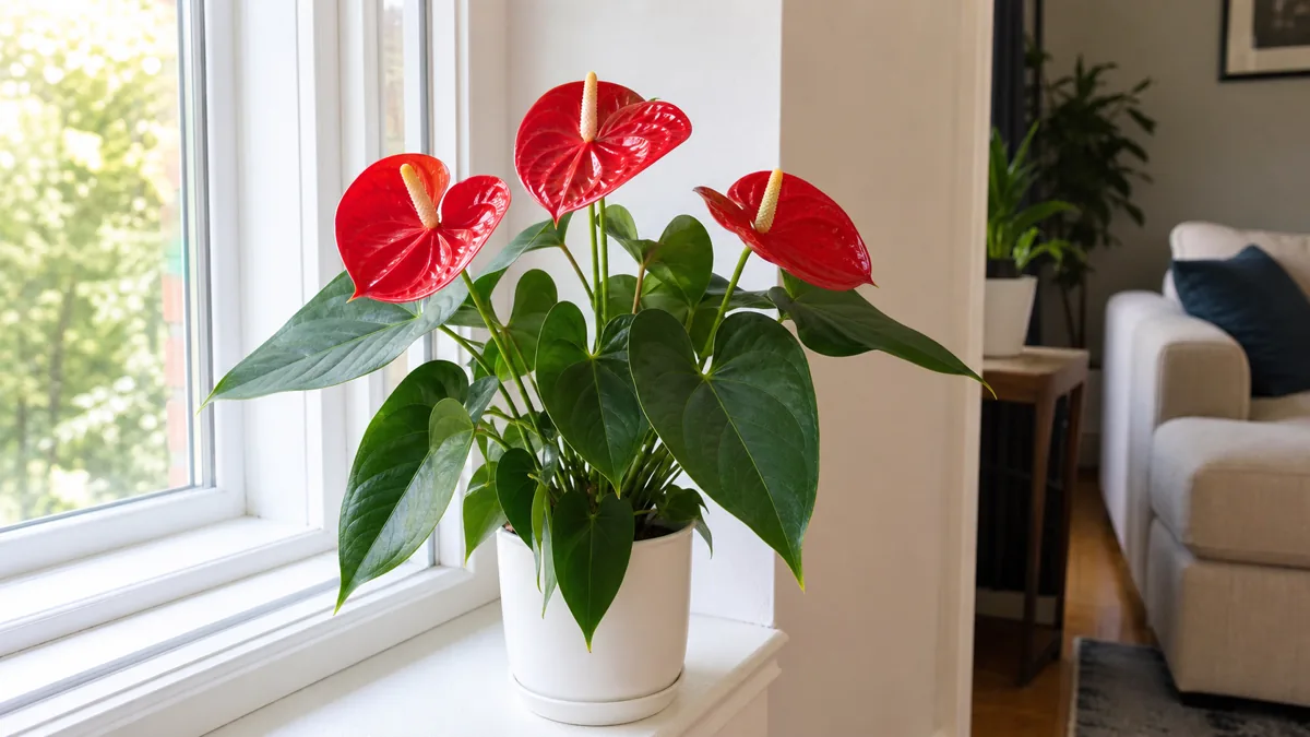 A healthy Anthurium andraeanum in a white ceramic pot with glossy red spathes and yellow spadices blooming among dark green heart-shaped leaves on a bright windowsill
