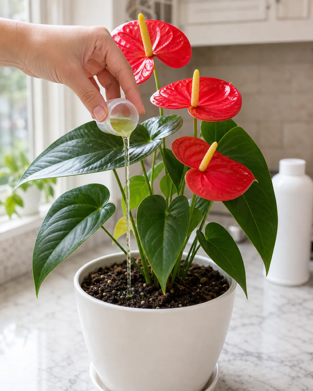 A hand pouring diluted liquid fertilizer from a measuring cap onto anthurium soil, three red spathes visible, generic fertilizer bottle in background