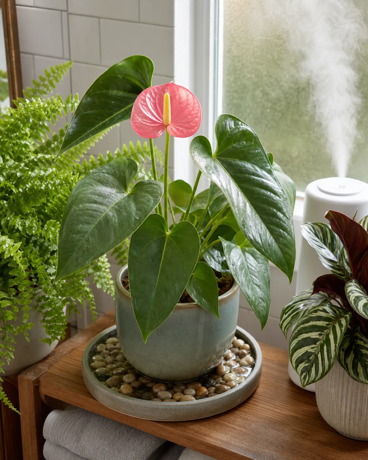 An anthurium on a pebble tray grouped with a fern and calathea, a small white humidifier running nearby with visible mist, bright bathroom setting