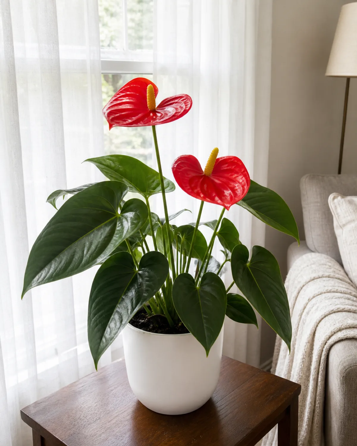 An anthurium in a white pot on a wooden table near a south-facing window with sheer curtains diffusing the light, red spathes glowing in bright indirect light