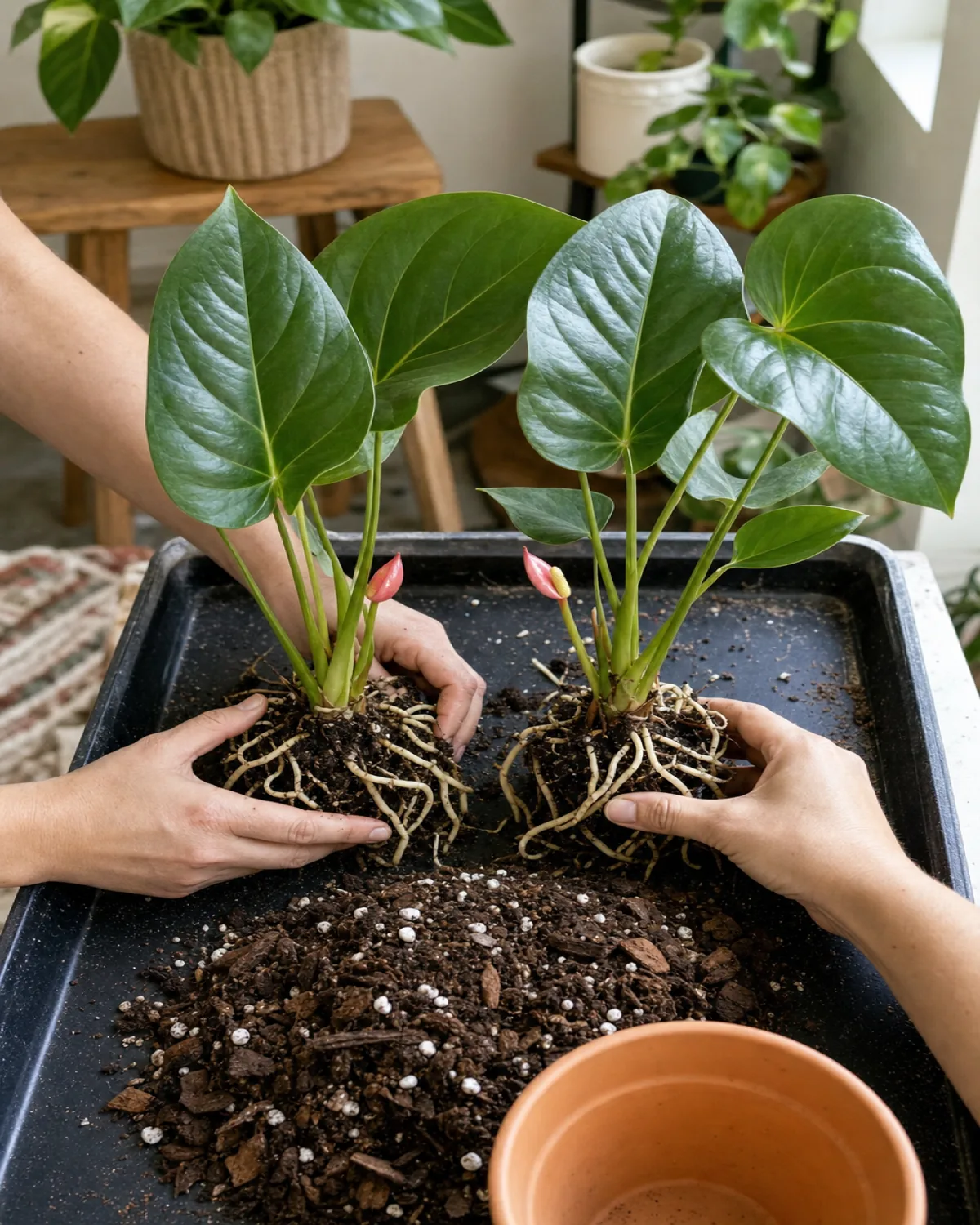 An anthurium being divided during repotting, root ball split into two sections each with healthy white roots and leaves, fresh aroid mix nearby
