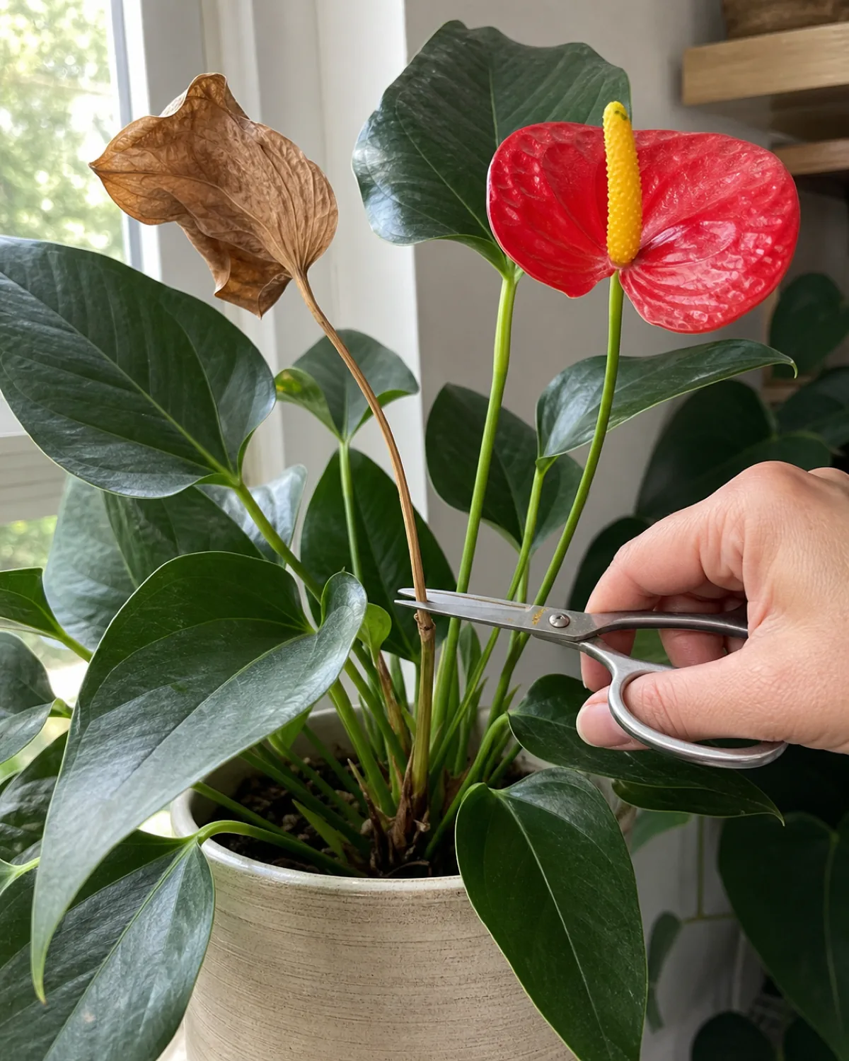A hand using sharp scissors to cut a spent brown anthurium spathe stem at the base, a fresh red spathe blooming nearby on a different stem