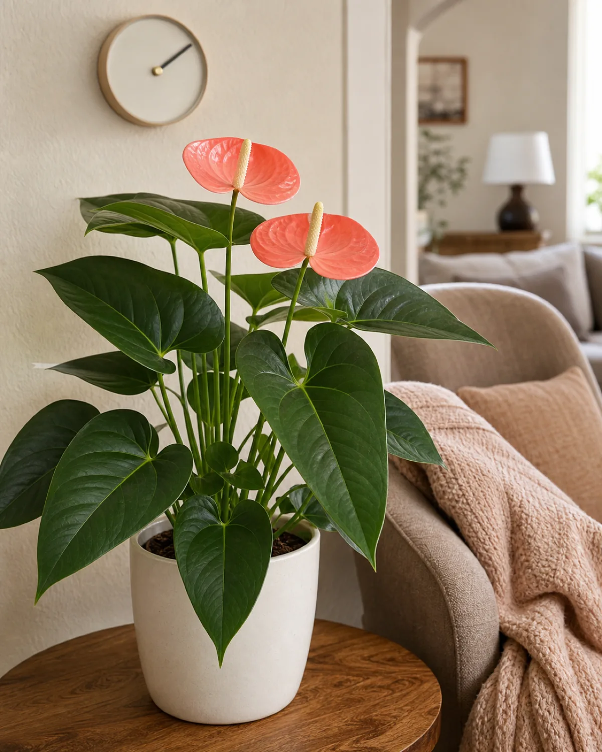A healthy anthurium with coral-pink spathes on a wooden side table in a warm bright living room with a thermometer nearby showing 72 degrees