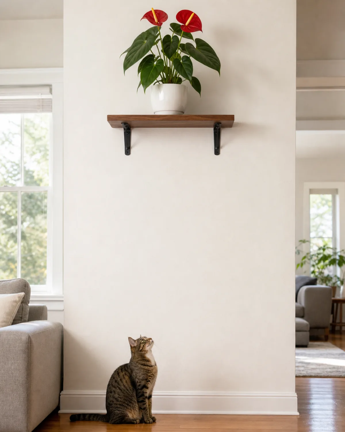 A healthy anthurium with red spathes on a high wall-mounted shelf clearly out of reach, a cat sitting on the floor below looking up