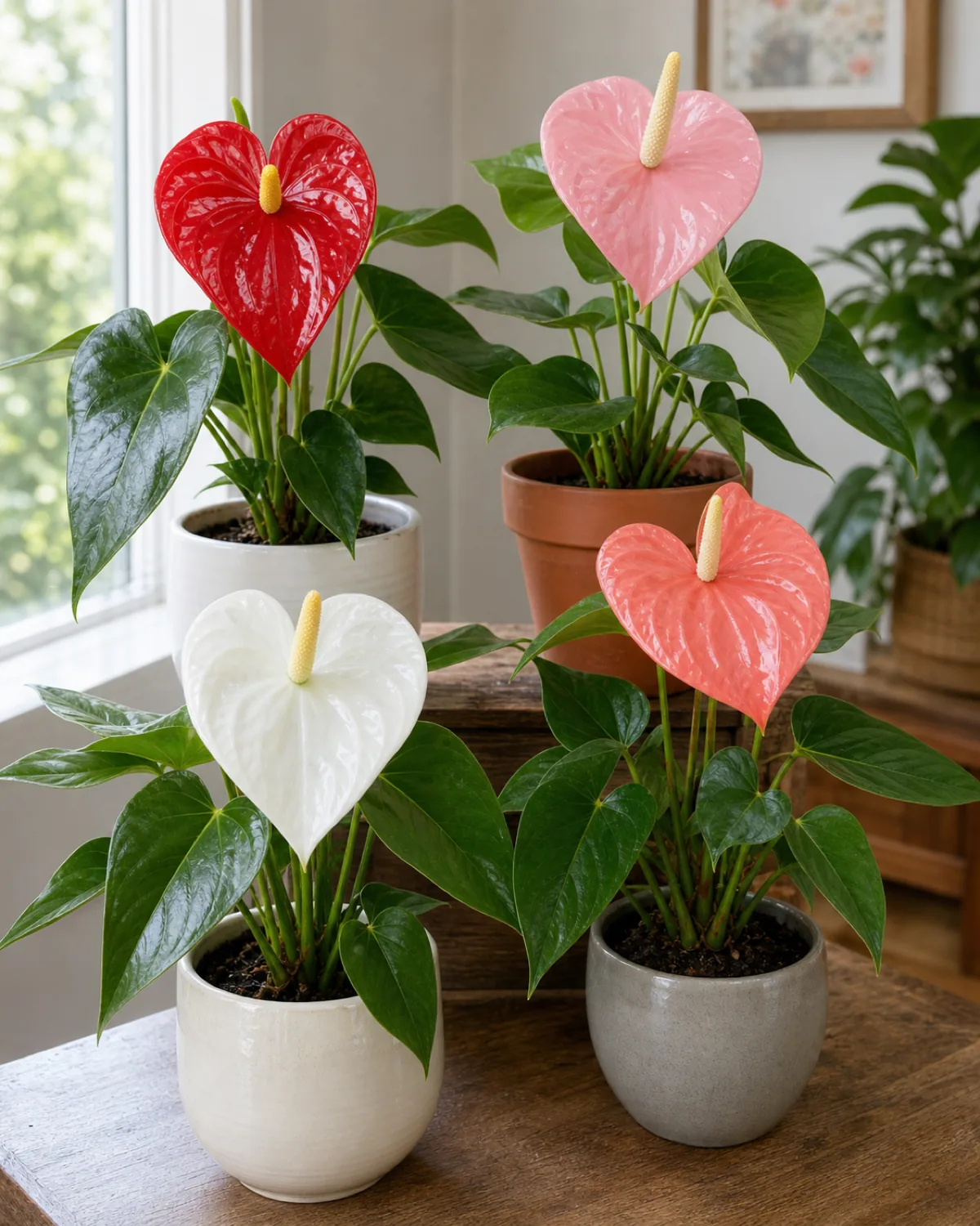 Four different anthurium varieties arranged together: a classic red andraeanum, dark velvet clarinervium with white veins, crystallinum with silver veins, and a veitchii with corrugated leaf